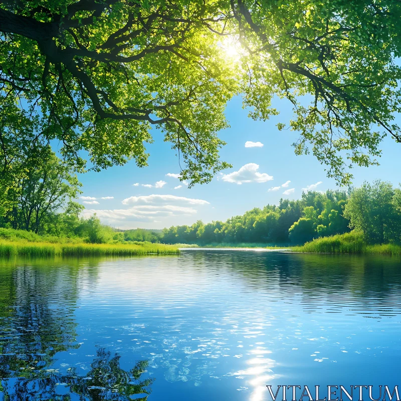 Peaceful Lake with Sunlit Trees and Reflections AI Image