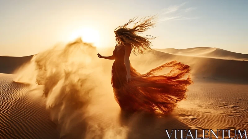 Sunlit Desert Scene with Woman and Wind-Swept Sand AI Image