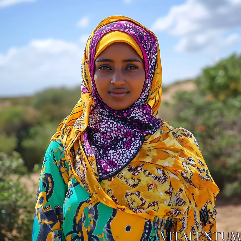 Portrait of a Woman in Vibrant Cultural Clothing AI Image