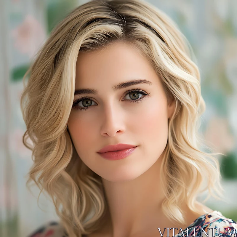 Gentle Blonde Female Portrait with Floral Motif Gentle Blonde Female Portrait with Floral Motif