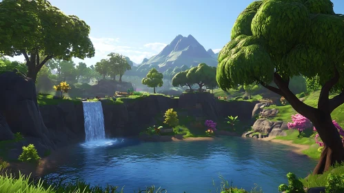 Tranquil Nature Scene with Waterfall and Mountains