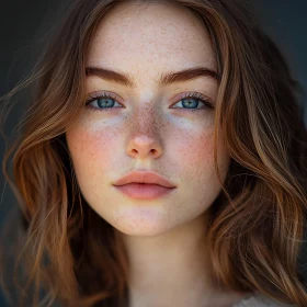 Portrait of a Freckled Woman with Blue Eyes and Auburn Hair