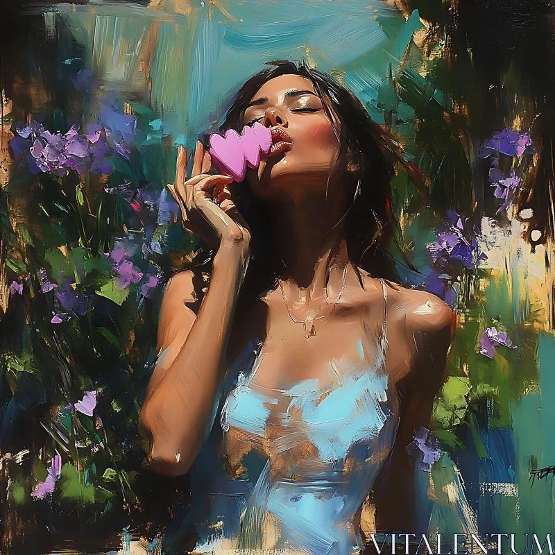 Woman Holding Heart in Floral Art