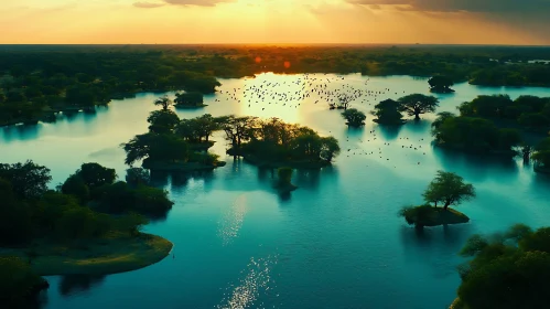 Scenic Sunset Over a Serene Lake with Islands