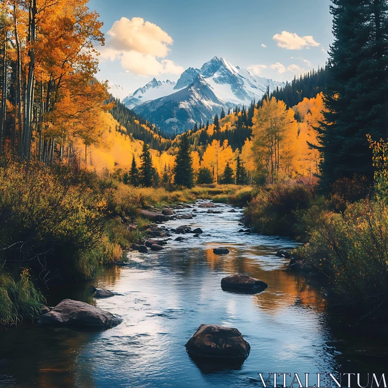 Autumn Stream and Snowy Mountains