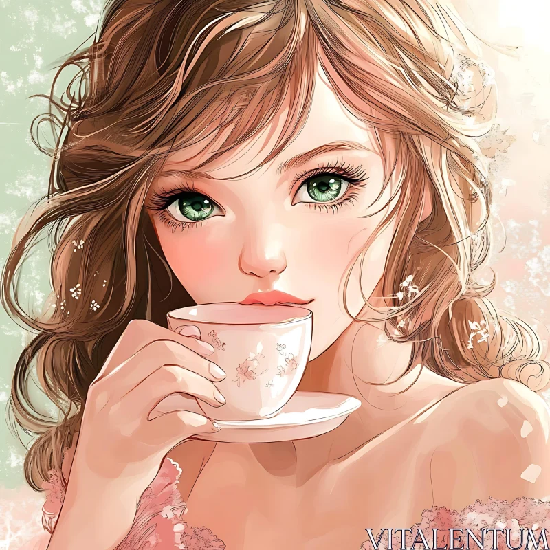 Delicate Anime Illustration of a Girl with Teacup AI Image