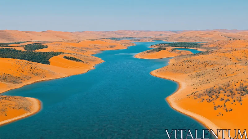 Desert Oasis with Sand Dunes and Lake