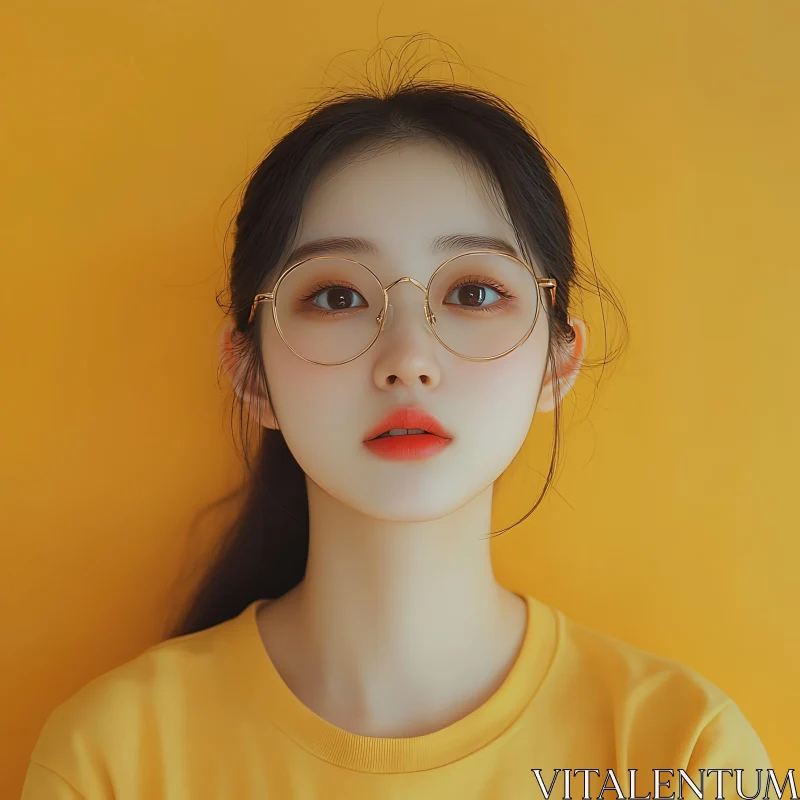 Youthful Female Portrait with Round Glasses and Yellow Backdrop Youthful Female Portrait with Round Glasses and Yellow Backdrop