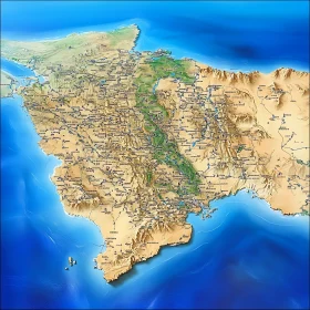 Geographical Map with Elevation and Terrain Details