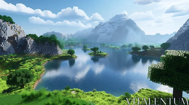 Minecraft-Style Nature Scene with Lake and Mountains Minecraft-Style Nature Scene with Lake and Mountains