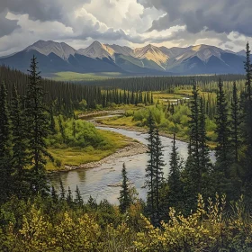 Majestic Mountain View with River and Forest