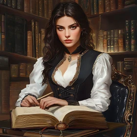 Vintage Library Scene with Elegant Woman