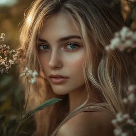 Serene Blonde Woman Surrounded by Flowers