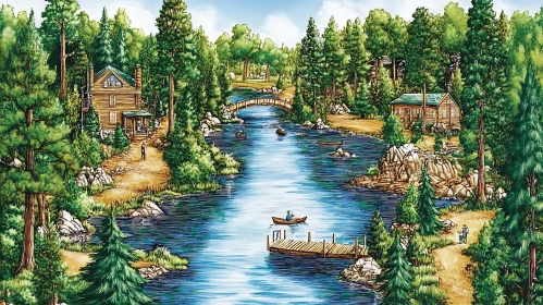 Peaceful Lake, Cabins, and Forest Landscape