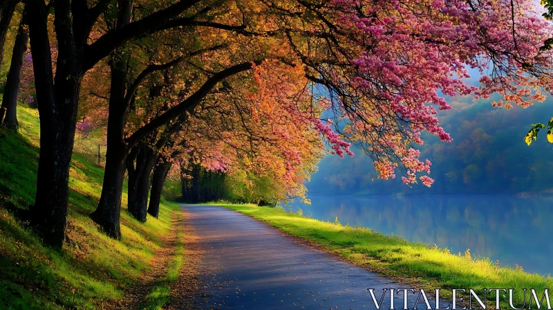 Autumn Trees by a Tranquil Lake Path AI Image