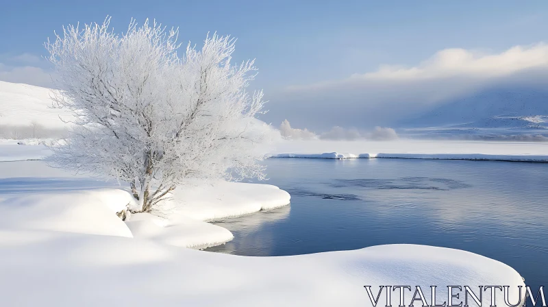 Serene Snowy Scene with Icy Tree by Water Serene Snowy Scene with Icy Tree by Water