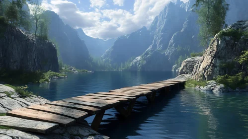 Peaceful Mountain Lake with Wooden Bridge