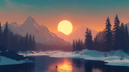 Peaceful Snowy Mountain Landscape at Sunset