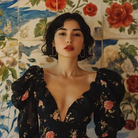 Floral Elegance: Woman in Black Dress