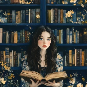 Woman in Library Holding a Book Illustration