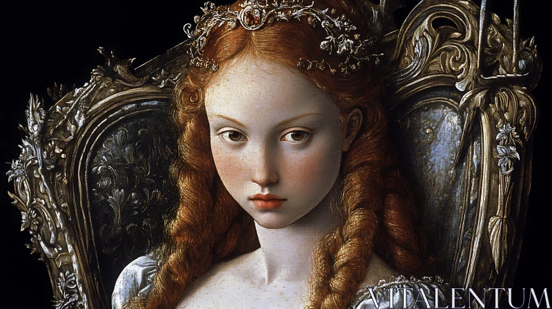 Medieval Red-Haired Woman on Ornate Throne AI Image