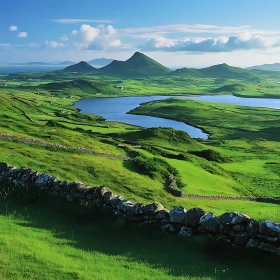 Picturesque Green Fields with Mountains and Lake