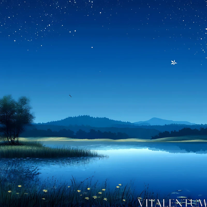 Tranquil Night Lake Scene Under a Starry Sky Tranquil Night Lake Scene Under a Starry Sky