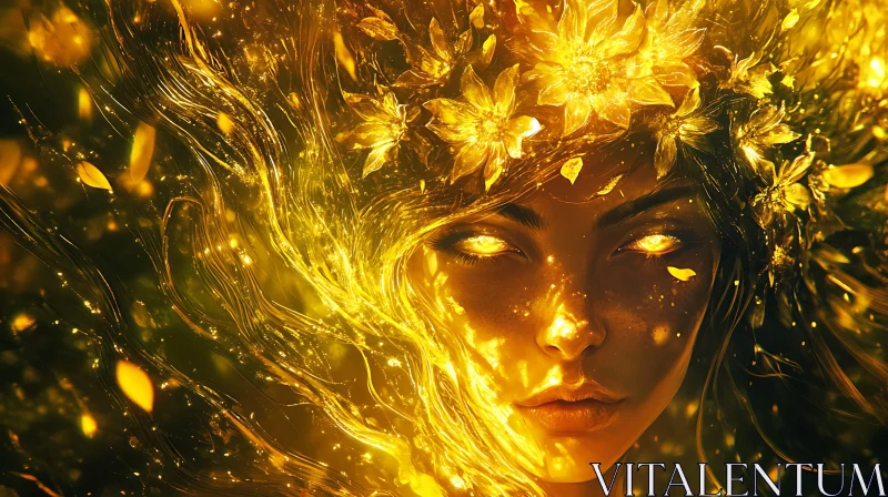 AI ART Ethereal Golden-Haired Deity with Luminous Flowers