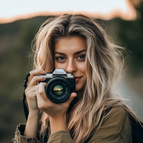 Blonde Woman Holding Camera Outdoors