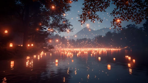 Night Lanterns Illuminating a Peaceful River