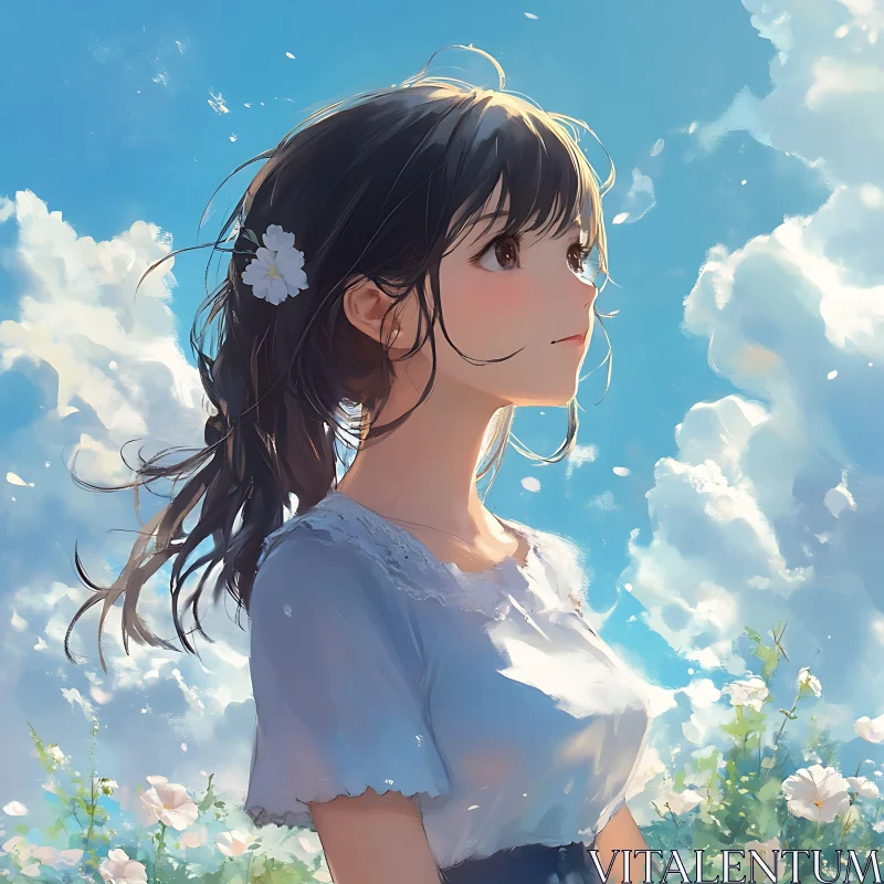 Young Girl Amidst Blossoming Flowers and Clear Sky Young Girl Amidst Blossoming Flowers and Clear Sky