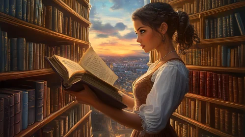 Woman Immersed in Book in Luminous Library