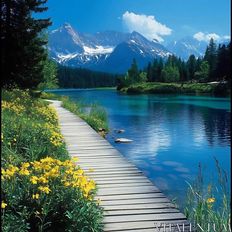 Peaceful Lakeside Scene with Flowers and Mountains AI Image