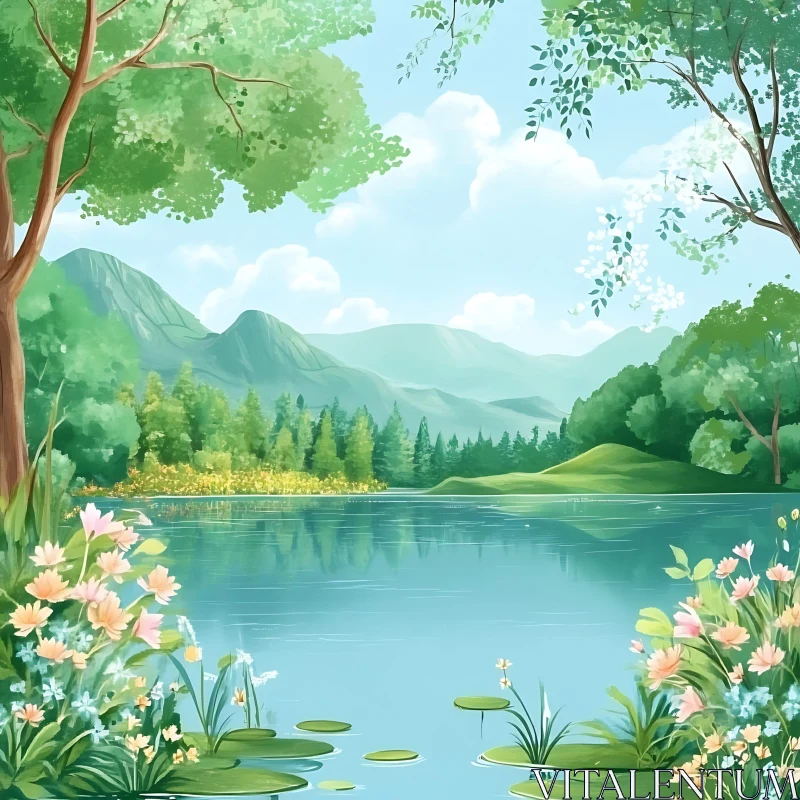 Peaceful Lake Landscape with Trees and Flowers AI Image