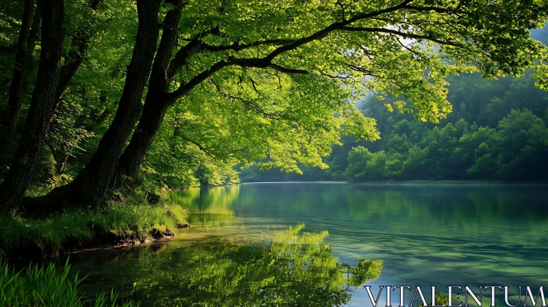 AI ART Calm Forest Lake with Reflective Waters and Green Foliage