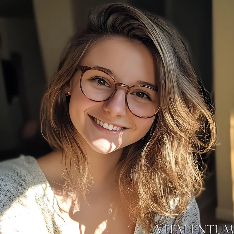 Cozy Portrait of a Smiling Woman in Glasses AI Image