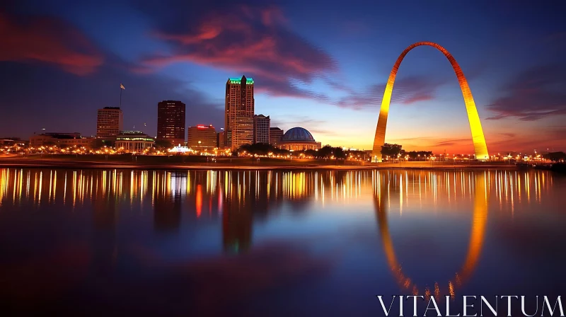 Nighttime Cityscape Featuring Reflective Water and Iconic Arch AI Image