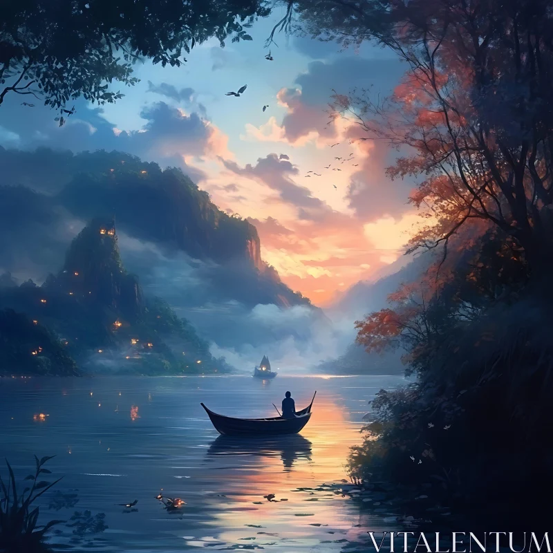 Tranquil Lake Sunset with Boat and Mountains AI Image