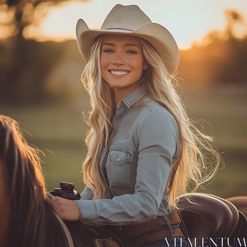 Radiant Cowgirl Enjoying Sunset on Horse AI Image