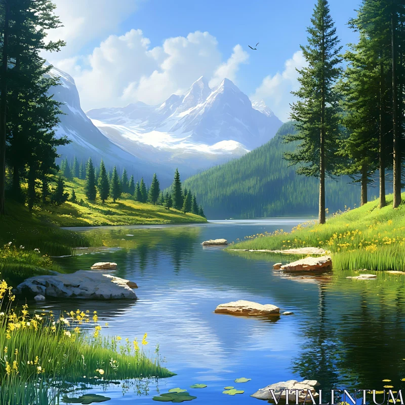 Peaceful Alpine Scene with Clear Blue Sky AI Image