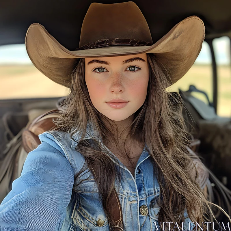 Portrait of a Freckled Woman in Cowboy Hat AI Image