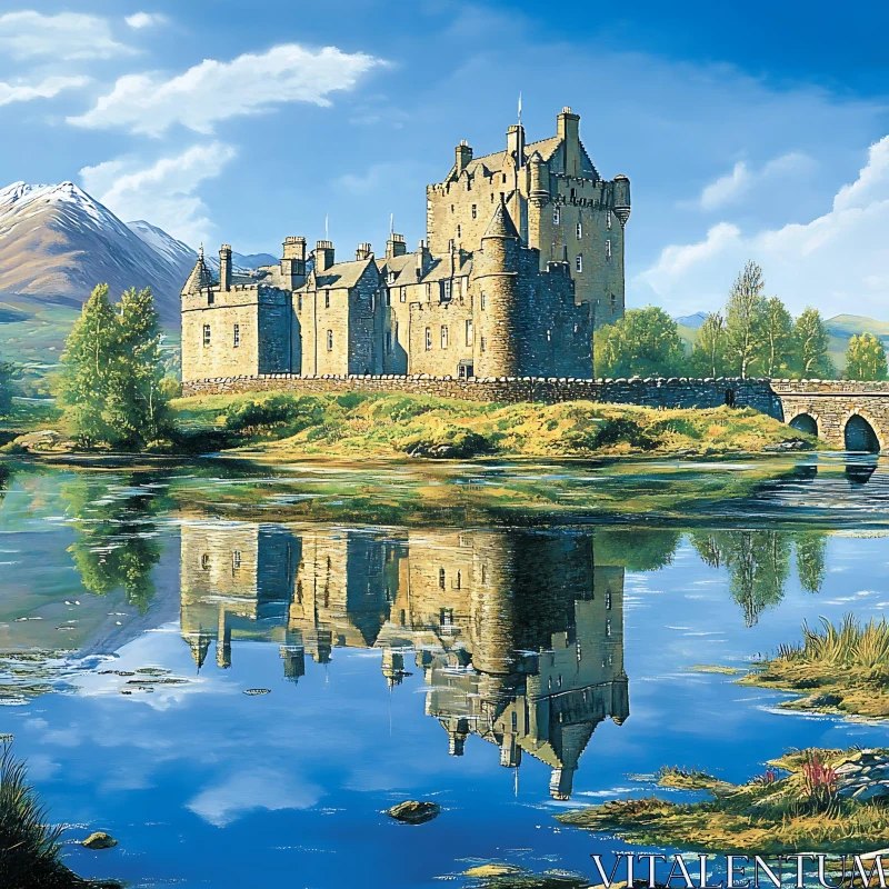 Castle and Mirror-like Lake Scene AI Image