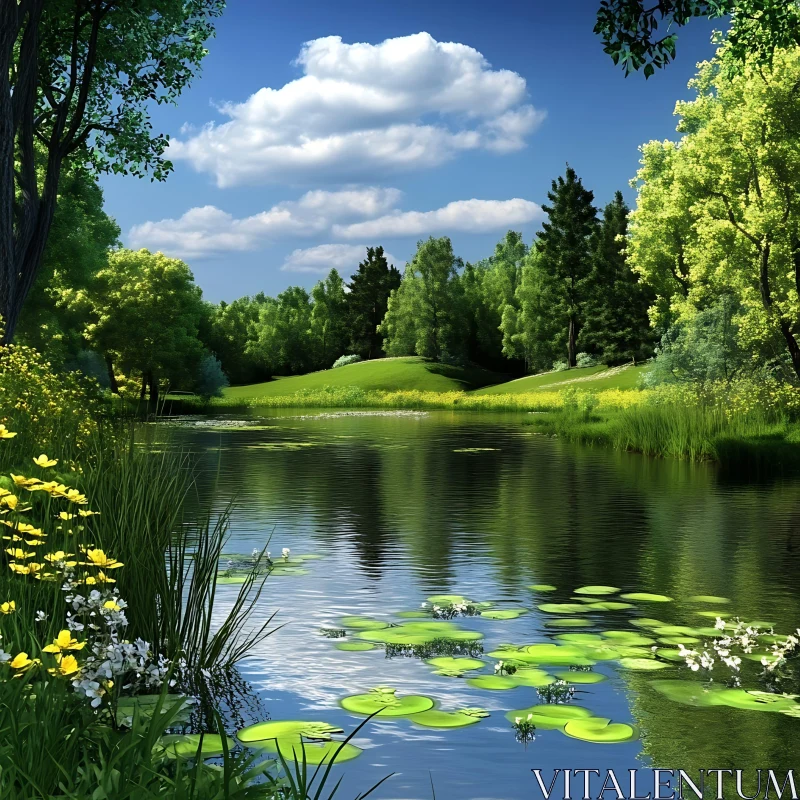 AI ART Scenic Lake View with Trees and Flowers