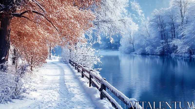 Snow-Covered Pathway and Tranquil River in Winter AI Image