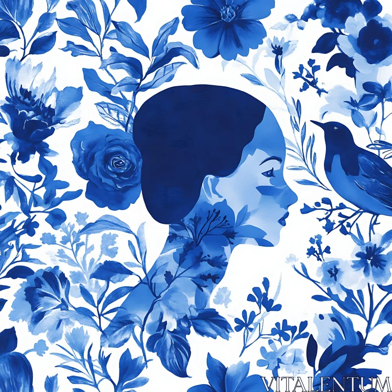 Botanical Blue Profile with Bird AI Image