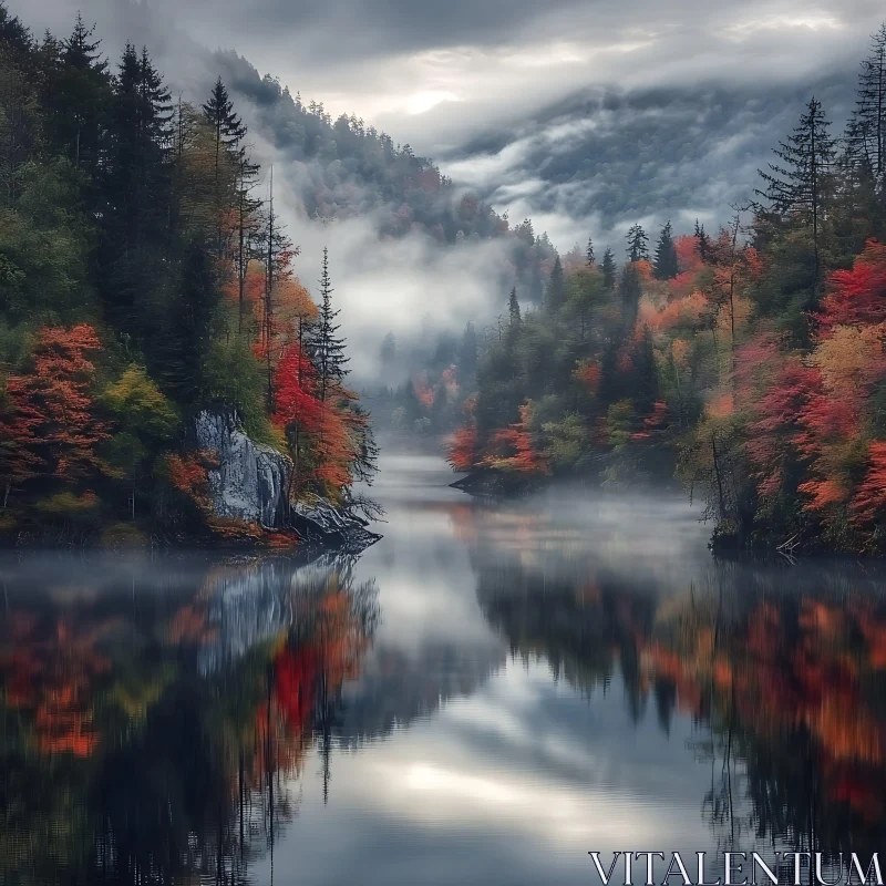 Tranquil Misty Forest Lake in Autumn AI Image