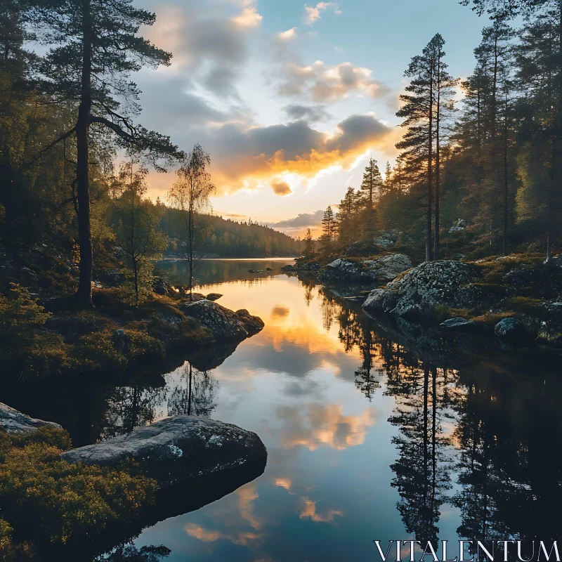 Calm Lake at Sunset with Stunning Reflections AI Image