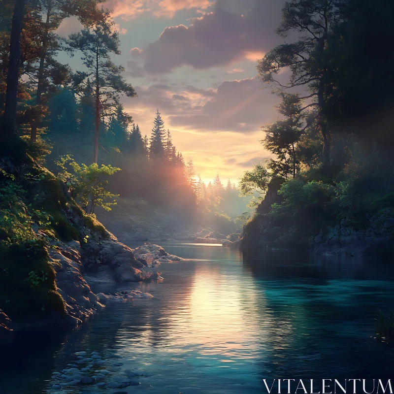 Peaceful Sunset at the River in the Forest AI Image