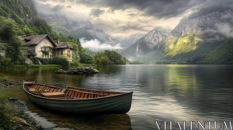 Tranquil Mountain Lake with Boat and Houses AI Image