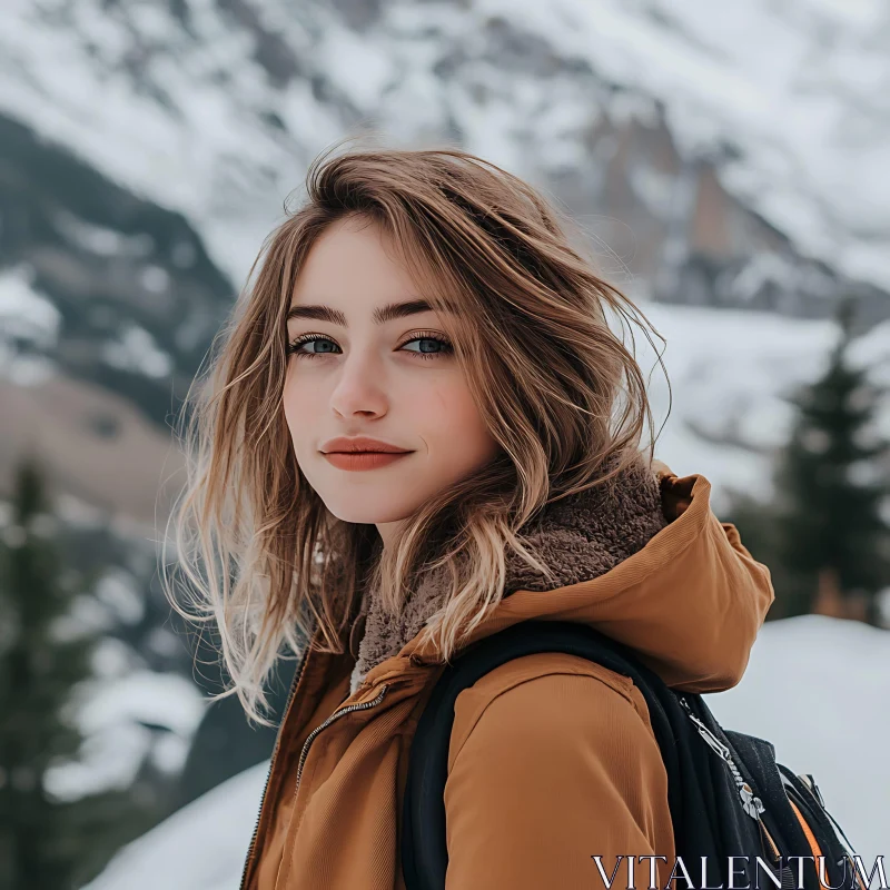 Portrait of a Woman in Winter Mountains AI Image